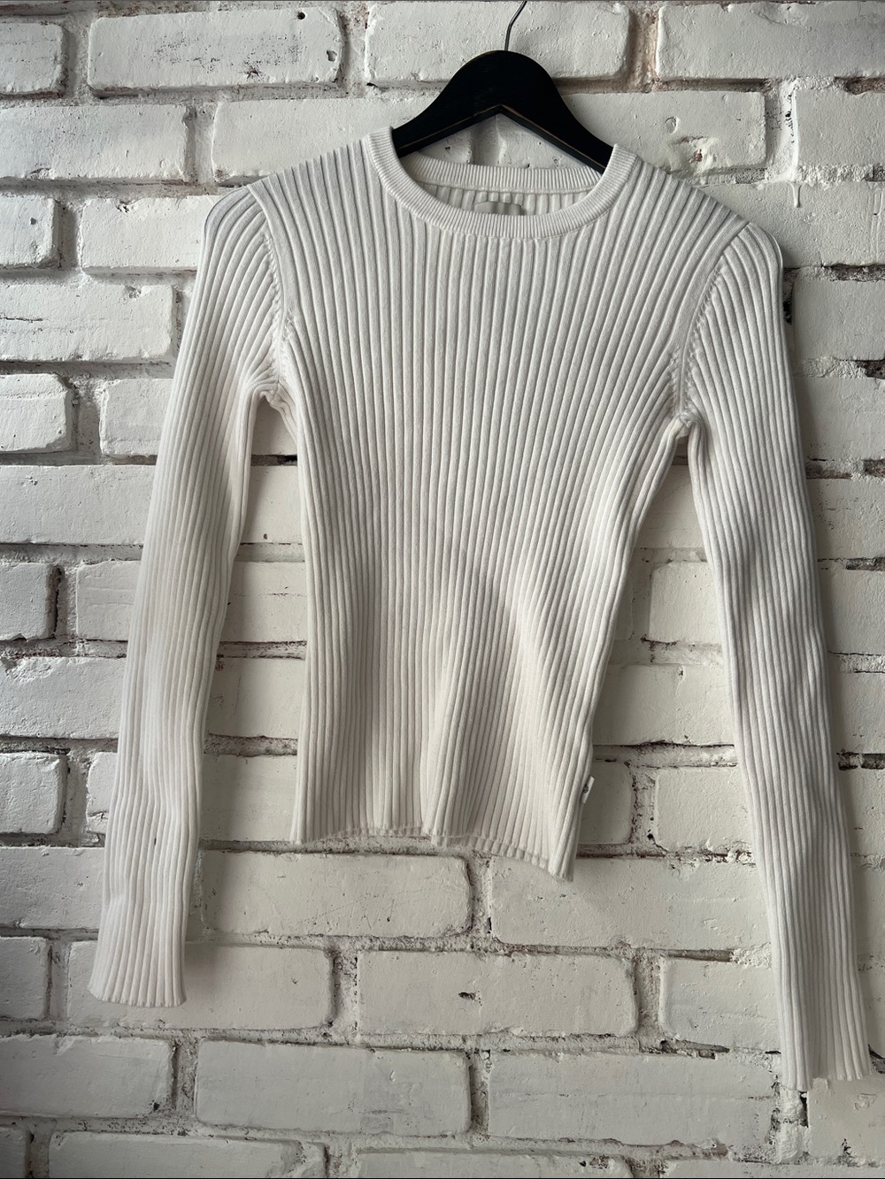 80% cotton Women's Cream Ribbed Long Sleeve Top crew neck sweater